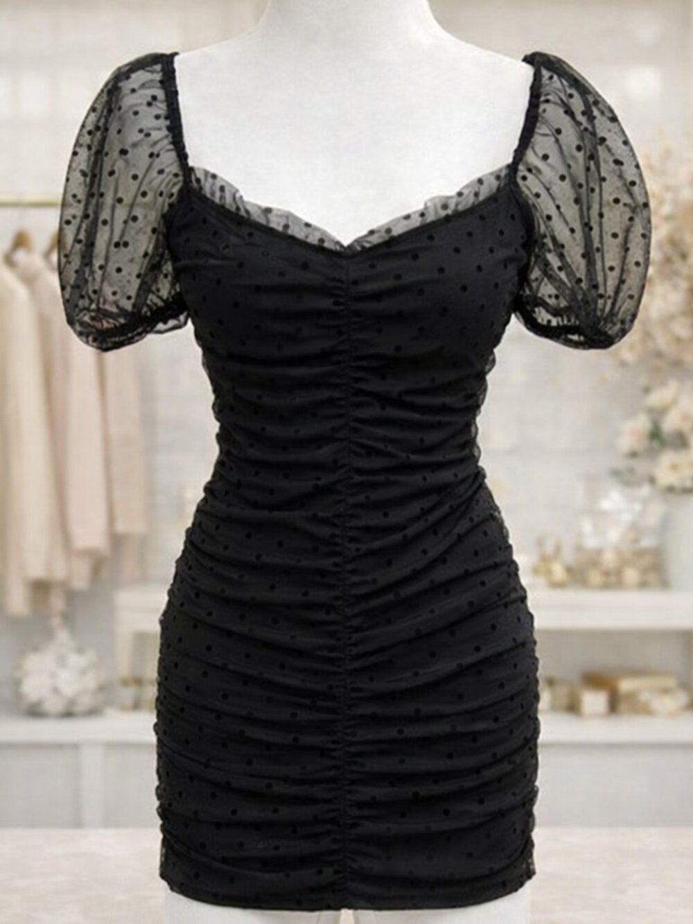 Black Ruched Puff Sleeve Minidress Sheer Polka Dot Mesh Capsule Minimalist